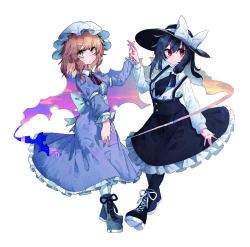 Rule 34 | 2girls, :/, aura, back bow, black eyes, black footwear, black hair, black headwear, black neckwear, black skirt, blonde hair, blush, bow, breasts, building, center frills, collared shirt, commentary request, dress, fedora, fingernails, frilled skirt, frills, full body, hair ribbon, hat, high heel sneakers, highres, holding hands, lace, long sleeves, looking at viewer, maribel hearn, medium breasts, mob cap, multiple girls, muraryo, purple dress, red eyes, red neckwear, red ribbon, ribbon, shirt, shoes, short hair, simple background, skirt, skirt set, smile, sneakers, standing, touhou, tress ribbon, usami renko, white background, white headwear, white ribbon, white shirt, wing collar, yellow eyes, ||/