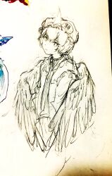Rule 34 | 21scorpii, bird wings, buttons, collared shirt, detached sleeves, feathered wings, folded wings, frilled hat, frills, graphite (medium), hat, highres, hood, hooded jacket, jacket, len&#039;en, looking at viewer, mob cap, shirt, shitodo kuroji, short hair, shorts, sketch, traditional media, triangular headpiece, wings