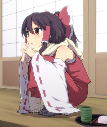 Rule 34 | 1girl, bare shoulders, bow, brown eyes, brown hair, cold, cup, detached sleeves, enpera, food, hair bow, hair tubes, hakurei reimu, leon (mikiri hassha), long sleeves, mochi, open mouth, plate, ponytail, ribbon-trimmed sleeves, ribbon trim, scarf, shirt, skirt, solo, spoon, squatting, teacup, touhou, tray, wagashi, wide sleeves, yunomi