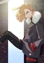 Rule 34 | 1boy, absurdres, ahoge, alternate costume, black pants, blonde hair, coat, commentary request, creatures (company), ear piercing, eyelashes, game freak, gladion (pokemon), green eyes, hand in pocket, highres, leg up, looking at viewer, male focus, nintendo, pants, parted lips, piercing, pokemon, pokemon (anime), pokemon journeys, pokemon swsh111, short hair, solo, ssn (sasa8u9r), thigh strap, torn clothes, torn pants