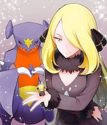 Rule 34 | 1girl, black coat, black pants, blonde hair, character doll, closed mouth, coat, commentary request, creatures (company), cynthia (pokemon), doll, fur-trimmed coat, fur collar, fur trim, game freak, garchomp, gen 4 pokemon, grey eyes, hair ornament, hair over one eye, hand up, holding, holding doll, kurochiroko, long hair, long sleeves, looking down, nintendo, pants, poke ball, poke ball (basic), pokemon, pokemon (creature), pokemon dppt, smile, sparkle, spread fingers