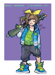 Rule 34 | 1girl, ahoge, alternate costume, alternate hairstyle, asymmetrical clothes, asymmetrical legwear, blue collar, blue footwear, blue hoodie, blue jacket, blue nail polish, blue nails, blue shorts, bow, child, collar, collarbone, english text, female focus, fingernails, freckles, frog, frog pin, full body, girutea, green footwear, green hair ornament, green shirt, gun, hair bow, high tops, highres, hood, hoodie, indie virtual youtuber, jacket, lily hopkins, looking at viewer, lower teeth only, multicolored footwear, nail polish, one eye closed, open mouth, over shoulder, purple background, raised eyebrows, rifle, shirt, shoes, shorts, simple background, sneakers, solo, sports jacket, string, sunglasses, t-shirt, teeth, upper teeth only, weapon, weapon over shoulder, weapon request, white background, yellow bow, yellow footwear