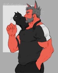 Rule 34 | 1boy, animal, animal on shoulder, bara, belly, black cat, black pants, black shirt, cat, cat on shoulder, from side, highres, large pectorals, male focus, matty (radicallymaxton), mature male, muscular, muscular male, original, pants, pectorals, shirt, short hair, solo, tight clothes, tight shirt, whiskers
