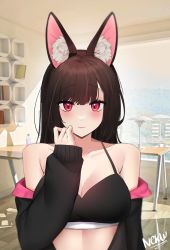 Rule 34 | 1girl, animal ear fluff, animal ears, bad id, bad twitter id, bare shoulders, black hair, black jacket, black sports bra, closed mouth, collarbone, crop top, hand up, highres, jacket, long hair, looking at viewer, midriff, non-web source, off shoulder, open clothes, open jacket, original, red eyes, smile, solo, somyo (s0my0), spaghetti strap, sports bra, upper body