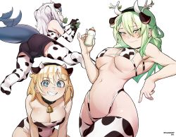 Rule 34 | 2022, 3girls, absurdres, animal ears, animal print, antlers, armpits, artist name, ass, baby bottle, bad id, bad pixiv id, bell, bikini, black collar, blonde hair, blue eyes, blush, bottle, branch, breasts, ceres fauna, cleavage, closed mouth, collar, cow ears, cow horns, cow print, cow print bikini, cowbell, eating, elbow gloves, elbow rest, eyepatch bikini, fake animal ears, fake horns, fins, fish tail, full body, gawr gura, gloves, grass, grazing (livestock), green hair, grin, hair ornament, highleg, highleg bikini, highres, holding, holding bottle, hololive, hololive english, horns, large breasts, leaf, leaning back, lying, milk, milk bottle, mole, mole under eye, multiple girls, navel, neck bell, no shoes, on stomach, print bikini, print gloves, print leotard, print thighhighs, ryu (ryuwanshoy), shark girl, shark tail, simple background, smile, strapless, swimsuit, tail, thighhighs, tube top, underboob, virtual youtuber, watson amelia, white background, yellow eyes