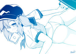 Rule 34 | 1girl, ass, bag, blue theme, blush, bread slice, breasts, butter, commentary request, cowboy shot, flat cap, food, food in mouth, hair bobbles, hair ornament, hat, highres, holding, holding bag, kagiyama shachou, kawashiro nitori, large breasts, looking at viewer, looking back, medium hair, monochrome, mouth hold, neckerchief, no pants, panties, school bag, school uniform, serafuku, short sleeves, sidelocks, sideways, simple background, solo, toast, toast in mouth, touhou, two side up, underwear