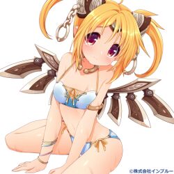 Rule 34 | 1girl, alternate costume, armlet, artificial wings, bare shoulders, bikini, blonde hair, breasts, brown wings, chain, character request, choker, cleavage, closed mouth, commentary request, copyright notice, cross-laced bikini, cross-laced clothes, feet out of frame, hairpods, hands on ground, light blush, light smile, looking at viewer, lowres, mabinogi, multiple bracelets, navel, official art, pointy ears, red eyes, ribbon, short hair, short twintails, small breasts, solo, stomach, swimsuit, transparent background, twintails, usamata, white bikini, wings, yellow ribbon