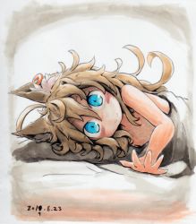 Rule 34 | 1girl, ahoge, animal ear fluff, blonde hair, blue eyes, blush, curly hair, dated, earrings, female focus, flat chest, jewelry, kazekiri, looking at viewer, lying, messy hair, on bed, on side, original, single earring, smile, solo, traditional media