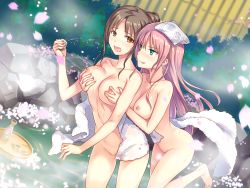 Rule 34 | 2girls, :q, alcohol, bare legs, bare shoulders, barefoot, blue eyes, grabbing another&#039;s breast, breasts, brown eyes, brown hair, bush, cherry blossoms, choko (cup), collarbone, completely nude, cup, drink, dutch angle, embarrassed, eye contact, female focus, floating tray, grabbing, hair bun, highres, holding, large breasts, leaning, leaning forward, leg up, legs, licking lips, long hair, looking at another, looking back, medium breasts, mole, mole on breast, multiple girls, naughty face, navel, neck, nipples, nude, onsen, original, otosume ruiko, petals, pink hair, sake, short hair, shy, smile, standing, tokkuri, tongue, tongue out, towel, tray, water, wavy mouth, wet, yuri