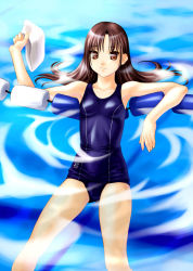 Rule 34 | 1girl, afloat, breasts, brown eyes, brown hair, lane line, looking at viewer, norizou type-r, one-piece swimsuit, pool, school swimsuit, small breasts, smile, solo, swim cap, swimsuit