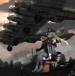Rule 34 | 2girls, aircraft, anchor, annin musou, bad id, bad pixiv id, bird, bismarck (kancolle), blonde hair, blue eyes, blush, breasts, brown gloves, cloud, cross, elbow gloves, fairy (kancolle), gloves, hat, he 111z, highres, iron cross, kantai collection, long hair, long sleeves, military, military uniform, multiple girls, open mouth, outdoors, peaked cap, pleated skirt, prinz eugen (kancolle), sitting, skirt, sleeveless, smile, thighhighs, tree, twintails, uniform, vehicle focus, white gloves, white skirt