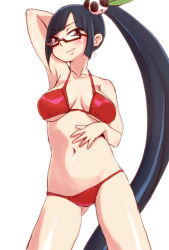 Rule 34 | 1girl, arc system works, armpits, arms up, bikini, black hair, blazblue, blazblue: calamity trigger, breasts, female focus, glasses, lao jiu, litchi faye ling, long hair, mochimomomo, ponytail, red eyes, solo, swimsuit, very long hair, white background