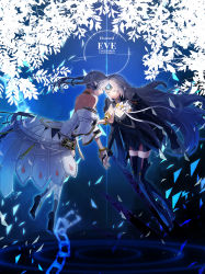 Rule 34 | 1girl, aquacrown000, back, bare shoulders, black thighhighs, blue background, boots, character name, closed eyes, code: empress (elsword), code: nemesis (elsword), copyright name, detached sleeves, dress, dual persona, elsword, eve (elsword), forehead jewel, highres, holding hands, long hair, raven cronwell, short hair, skirt, smile, thigh boots, thighhighs, typo, white hair, white thighhighs