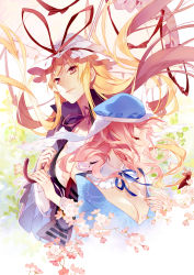 Rule 34 | 2girls, blonde hair, branch, cherry blossoms, cover, cover page, detached collar, closed eyes, floating hair, flower, hair ribbon, hat, hat ribbon, light smile, long hair, multiple girls, parasol, pink hair, popped collar, profile, psd, red eyes, ribbon, saigyouji yuyuko, short hair, touhou, tress ribbon, umbrella, upper body, veil, yakumo yukari