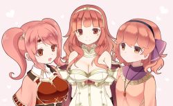 Rule 34 | 3girls, armor, bare shoulders, breastplate, breasts, brown eyes, celica (fire emblem), circlet, cleavage, fire emblem, fire emblem echoes: shadows of valentia, genny (fire emblem), grey background, hairband, heart, jewelry, large breasts, long hair, mae (fire emblem), multiple girls, necklace, nintendo, open mouth, pink hair, red eyes, red hair, shira yu ki, twintails