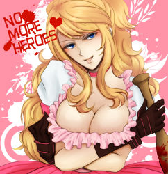Rule 34 | 1girl, bad girl, baseball bat, blonde hair, blood, blue eyes, breasts, cleavage, copyright name, female focus, gloves, grasshopper manufacture, highres, large breasts, long hair, no more heroes, solo, uca-lm, weapon, yuyu (uca-lm)