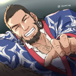 Rule 34 | 1boy, ^ ^, ainu, ainu clothes, bara, beard, black hair, buzz cut, chest hair peek, closed eyes, collared shirt, dark-skinned male, dark skin, earrings, facial hair, golden kamuy, grin, hay, hoop earrings, isomine, japanese clothes, jewelry, kimono, kiroranke, lying, male focus, mature male, on side, outstretched arm, pectoral cleavage, pectorals, reaching, reaching towards viewer, shirt, short hair, smile, solo, upper body, very short hair