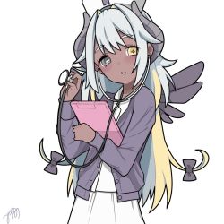 Rule 34 | 1girl, amaryllis gumi, black bow, black jacket, black wings, blonde hair, blush, bow, clipboard, cowboy shot, curled horns, dark-skinned female, dark skin, dress, grey eyes, hair between eyes, hair bow, hat, heterochromia, highres, holding, holding clipboard, horns, jacket, long hair, looking to the side, nurse, nurse cap, omas lie, parted lips, signature, simple background, solo, standing, stethoscope, thick eyebrows, virtual youtuber, white background, white dress, white hair, wings, yellow eyes, yotsutsuji mayoi