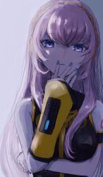 Rule 34 | 1girl, aqua nails, arm under breasts, arm warmers, armband, bare shoulders, black shirt, blue eyes, breasts, commentary, gold trim, hairband, hand up, headphones, highres, long hair, medium breasts, megurine luka, nail polish, parted lips, pink hair, saikisaika, shirt, sidelighting, single arm warmer, solo, upper body, vocaloid