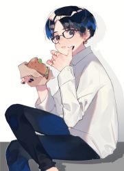 Rule 34 | 1boy, black pants, blue eyes, blue hair, burger, collared shirt, crossed legs, earrings, eating, food, glasses, hand on own face, highres, holding, holding food, jewelry, looking at viewer, male focus, mizumi zumi, nail polish, original, pants, ring, shirt, simple background, sitting, white shirt