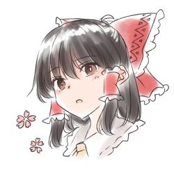 Rule 34 | 1girl, :o, black hair, bow, brown eyes, eyes visible through hair, frilled bow, frilled shirt collar, frills, hair between eyes, hair bow, hair tubes, hakurei reimu, highres, large bow, looking at viewer, medium hair, miyo (ranthath), open mouth, portrait, red bow, simple background, sketch, solo, touhou, white background