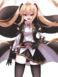 Rule 34 | 1girl, :o, ahoge, amazon (azur lane), azur lane, black cape, black coat, black gloves, black thighhighs, blue eyes, bow, bowtie, cape, coat, collared shirt, commentary request, driver (kamen rider), elbow gloves, gloves, hair between eyes, henshin, highres, holding, kamen rider, kamen rider amazon (series), kamen rider amazons, kokonoe910, light brown hair, long hair, long sleeves, looking at viewer, name connection, pleated skirt, shirt, sidelocks, simple background, skirt, solo, thighhighs, twintails, v-shaped eyebrows, white background, wind, zettai ryouiki