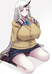 Rule 34 | 10s, 1girl, abyssal ship, alternate costume, black panties, black socks, blue skirt, blush, breasts, cardigan, claws, commentary request, embarrassed, full body, hands on own chest, horns, huge breasts, kantai collection, long hair, looking at viewer, pale skin, panties, pantyshot, red eyes, seaport princess, shiny skin, shoes, silver hair, simple background, single horn, skirt, socks, solo, underwear, very long hair, yuzumiya mono