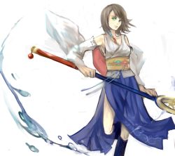 Rule 34 | 00s, 1girl, blue eyes, brown hair, detached sleeves, female focus, final fantasy, final fantasy x, green eyes, heterochromia, japanese clothes, long hair, seto (sepcloud), solo, staff, white background, yuna