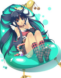 Rule 34 | 1girl, argyle, bare shoulders, bell, black hair, blue eyes, candy, candy cane, checkered clothes, checkered legwear, fake halo, feet, finger to mouth, food, halo, highres, lazy eye, legs, long hair, no shoes, original, sitting, smile, socks, soles, solo, toes, vofan, wall-eyed