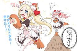 Rule 34 | 2girls, ;d, abigail williams (fate), alternate costume, animal ears, animal hands, apron, bell, black dress, blonde hair, blue eyes, blush, bow, collar, commentary request, cosplay, dress, enmaided, fang, fate/grand order, fate (series), forehead, fox ears, fox girl, fox tail, gloves, hair between eyes, hair bow, highres, jingle bell, kemonomimi mode, long hair, maid, maid apron, maid headdress, multiple girls, neck bell, neon-tetora, one eye closed, open mouth, parted bangs, paw gloves, paw shoes, pink hair, ponytail, puffy short sleeves, puffy sleeves, red bow, shoes, short sleeves, smile, standing, standing on one leg, star (symbol), tail, tamamo (fate), tamamo cat (fate), tamamo cat (fate) (cosplay), tamamo cat (second ascension) (fate), thighhighs, translation request, very long hair, white apron, white legwear