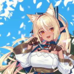 Rule 34 | 1girl, animal ear fluff, animal ears, black gloves, blonde hair, blue dress, blue sky, blush, bow, breasts, cat ears, center opening, cleavage, clothing cutout, commentary, dark-skinned female, dark skin, day, dress, fingerless gloves, gloves, hair between eyes, hair bow, highres, hololive, kemonomimi mode, large breasts, long hair, looking at viewer, multicolored hair, open mouth, oshiruko (oshiruco 212048), outdoors, paw pose, pointy ears, ponytail, red eyes, shiranui flare, shiranui flare (old design), shoulder cutout, sky, smile, solo, streaked hair, tassel, two-tone hair, upper body, virtual youtuber, white hair, wide sleeves