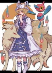 Rule 34 | 1girl, animal hat, ankle boots, blonde hair, blue legwear, boots, closed mouth, commentary, creatures (company), crossover, dress, fox tail, frilled dress, frilled legwear, frills, game freak, gen 1 pokemon, gen 4 pokemon, hat, highres, hitodama, holding, holding poke ball, kitsune, kyuubi, letterboxed, long dress, long sleeves, looking at viewer, mob cap, multiple tails, ninetales, nintendo, poke ball, poke ball (basic), poke ball symbol, pokemon, pokemon (creature), porygon-z, short hair, tabard, tabun (osoracu), tail, tassel, touhou, trait connection, white dress, white footwear, yakumo ran, yellow eyes
