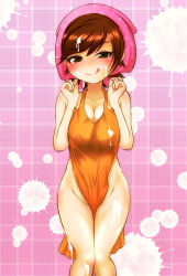 Rule 34 | 1girl, apron, artist request, bandana, blush, breasts, breasts squeezed together, brown eyes, brown hair, cleavage, collarbone, cooking mama, eyebrows, eyelashes, feet out of frame, female focus, groin, hands up, highres, legs together, licking lips, looking at viewer, mama (cooking mama), matching hair/eyes, naked apron, naughty face, pink background, pink headwear, plaid, plaid background, short hair, smile, solo, standing, suggestive fluid, thighs, tongue, tongue out