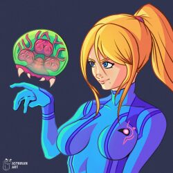 1girl alien arm_at_side artist_name asthman blonde_hair blue_bodysuit blue_eyes bodysuit breasts collarbone curious eyelashes female_focus floating hair_between_eyes hand_up high_ponytail highres large_breasts long_hair looking_at_another metroid metroid_(creature) mole mole_under_mouth neck nintendo ponytail print_bodysuit samus_aran sidelocks simple_background skin_tight smirk swept_bangs turtleneck turtleneck_bodysuit upper_body v-shaped_eyebrows zero_suit