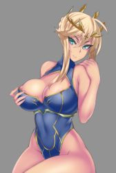 Rule 34 | 1girl, ahoge, areola slip, artoria pendragon (fate), artoria pendragon (lancer) (fate), blonde hair, braid, braided bun, breasts, cleavage, cleavage cutout, cleavage window, clothing cutout, crown, fate/grand order, fate (series), french braid, green eyes, grey background, hair bun, heattech leotard, hevn, highleg, highleg leotard, large breasts, leotard, long hair, looking at viewer, simple background, smile, solo, swept bangs, turtleneck