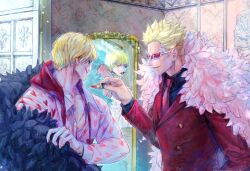 Rule 34 | 2boys, blonde hair, brothers, cosmetics, donquixote doflamingo, donquixote rocinante, earrings, eg (eastg111), feather coat, heart, heart print, highres, holding, holding lipstick tube, indoors, jewelry, lipstick, lipstick tube, looking at mirror, makeup, male focus, mirror, multiple boys, one piece, reflection, shirt, short hair, siblings, smeared lipstick, smile, sunglasses, tinted eyewear, upper body, white-framed eyewear