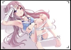 Rule 34 | 1girl, :o, armpits, ass, bandaged arm, bandaged leg, bandages, bandaid, bandaid on leg, bare shoulders, barefoot, blue bra, blue panties, blurry, bra, breasts, cleavage, collarbone, depth of field, frilled panties, frills, hand up, highres, idolmaster, idolmaster shiny colors, knees up, long hair, looking at viewer, lying, minikon, on back, panties, parted lips, purple eyes, sidelocks, silver hair, small breasts, solo, twintails, underwear, underwear only, very long hair, yukoku kiriko