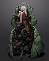 Rule 34 | 1girl, 6+boys, absurdres, bare legs, barefoot, brown dress, closed mouth, dress, feathered wings, feathers, green feathers, green wings, grey background, grey hair, highres, key, knees up, long hair, looking at viewer, multiple boys, multiple wings, open mouth, original, pentagram, red eyes, rinotuna, sitting, sleeveless, sleeveless dress, sparkle, wide shot, wings