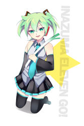 Rule 34 | 1boy, absurdres, bad id, bad pixiv id, bare shoulders, cosplay, detached sleeves, fei rune, fey rune, green eyes, green hair, hatsune miku, hatsune miku (cosplay), highres, inazuma eleven, inazuma eleven (series), inazuma eleven go, inazuma eleven go chrono stone, long hair, look-alike, male focus, matching hair/eyes, open mouth, skirt, smile, solo, trap, twintails, vocaloid