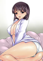 Rule 34 | 1girl, :d, anegasaki nene, ass, bad id, bad pixiv id, bottomless, breasts, brown eyes, brown hair, couch, covered erect nipples, lagarto, large breasts, love plus, mole, mole under eye, nipples, no pants, open clothes, open mouth, open shirt, panties, shirt, simple background, smile, solo, underwear, white panties