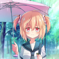 Rule 34 | 1girl, ahoge, ayano rika, bag, blonde hair, blue necktie, blue sailor collar, blurry, blurry background, blush, breast pocket, chuo academy school uniform, crying, crying with eyes open, dot nose, eyes visible through hair, hair between eyes, hair ornament, hair scrunchie, holding, holding umbrella, layered sleeves, long sleeves, looking at viewer, magia record: mahou shoujo madoka magica gaiden, mahou shoujo madoka magica, momo tomato, necktie, outdoors, pink umbrella, pocket, portrait, rain, red eyes, sailor collar, sailor shirt, school emblem, school uniform, scrunchie, serafuku, shirt, short hair, short over long sleeves, short sleeves, shoulder bag, solo, split mouth, straight-on, tears, two side up, umbrella, white scrunchie, white shirt