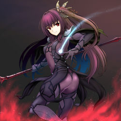 Rule 34 | 1girl, alternate hairstyle, ass, bodysuit, butterfly hair ornament, closed mouth, cowboy shot, fate/grand order, fate (series), gae bolg (fate), hair ornament, holding, holding spear, holding weapon, isse, long hair, looking at viewer, magic, polearm, purple background, purple bodysuit, purple hair, red eyes, scathach (fate), scathach (fate), side ponytail, simple background, smile, solo, spear, weapon