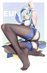 Rule 34 | 1girl, arm up, armpits, ass, ass focus, au11, blue background, blue hair, blush, bodysuit, border, breasts, character name, eula (genshin impact), foot focus, genshin impact, hair in own mouth, hairband, highres, large breasts, long hair, lying, no shoes, pantyhose, see-through, sleeveless, soles, solo, thigh strap, thighhighs, white border, yellow eyes