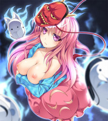 Rule 34 | 1girl, blush, breast hold, breasts, bubble skirt, expressionless, fox mask, hata no kokoro, long hair, long sleeves, looking at viewer, mask, md5 mismatch, nakajou, nipples, no bra, no panties, noh mask, off shoulder, open clothes, open shirt, pink eyes, pink hair, plaid, plaid shirt, pussy, pussy peek, shirt, skirt, solo, touhou, uncensored, unmoving pattern