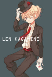 Rule 34 | 1boy, aqua eyes, bad id, bad pixiv id, blonde hair, card, formal, gloves, hat, hat tip, heart, holding, holding card, kagamine len, male focus, necktie, one eye closed, ponytail, red necktie, short hair, smile, solo, suit, tetsuo (tashirosu), top hat, vocaloid, wink