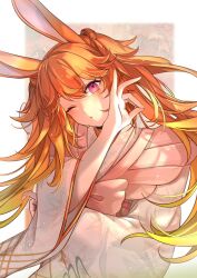 Rule 34 | 1girl, animal ears, eden (eden871225), highres, hololive, hololive english, japanese clothes, kimono, long hair, looking at viewer, new year, one eye closed, orange hair, purple eyes, rabbit ears, simple background, solo, takanashi kiara, virtual youtuber