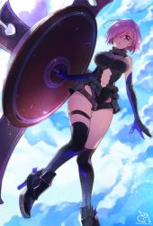 Rule 34 | 1girl, absurdres, bad id, bad twitter id, bae (baebae), blue sky, breasts, cloud, collar, day, elbow gloves, fate/grand order, fate (series), gloves, hair over one eye, high heels, highres, kneehighs, knees together feet apart, large breasts, legband, leotard, mash kyrielight, multicolored clothes, multicolored gloves, navel, pink eyes, pink hair, shield, short hair, sky, socks, solo, thigh strap