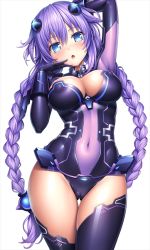 Rule 34 | 1girl, :o, arm up, blue eyes, blush, braid, breasts, cameltoe, choujigen game neptune, cleft of venus, commentary, covered erect nipples, covered navel, cowboy shot, gluteal fold, hair between eyes, lambda (kusowarota), large breasts, long hair, looking at viewer, neptune (neptunia), neptune (series), power symbol-shaped pupils, purple hair, purple heart (neptunia), simple background, solo, symbol-shaped pupils, thigh gap, thighhighs, twin braids, very long hair, white background