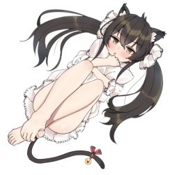 Rule 34 | 1girl, :o, aa211108, animal ears, bare legs, barefoot, bell, black hair, blush, cat ears, cat tail, cushion, dress, extra ears, idolmaster, idolmaster cinderella girls, long hair, looking at viewer, matoba risa, hugging object, petticoat, simple background, solo, tail, tail bell, tail ornament, toes, twintails, very long hair, white background, white dress