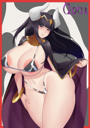 Rule 34 | 1girl, 2021, animal print, areola slip, bikini, black eyes, black hair, bluespice, blush, bracelet, breasts, brown eyes, cape, chinese zodiac, cow horns, cow print, cow print bikini, female focus, fire emblem, fire emblem awakening, highleg, highleg bikini, highres, horns, huge breasts, jewelry, long hair, matching hair/eyes, micro bikini, nintendo, oral, print bikini, solo, swimsuit, tharja (fire emblem), thick thighs, thighs, thong, wide hips, year of the ox